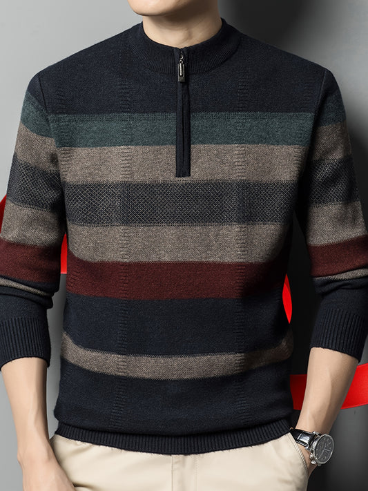 Cozy Mens Striped Knit Sweater - Fashionable Half-Zip Pullover with High Stretch - Perfect for Fall Winters Versatile Style