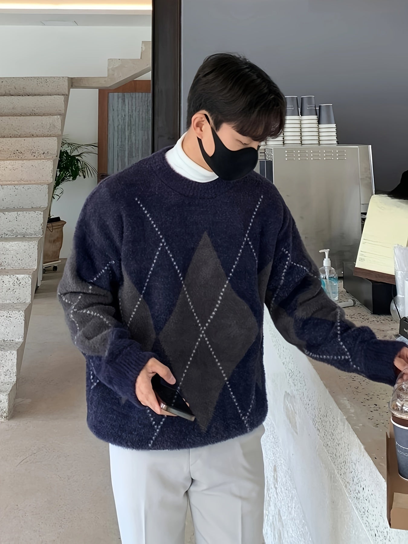 Men's Trendy Argyle Pattern Sweater, Casual High Stretch Breathable Loose Fit Pullover Top For Fall Winter