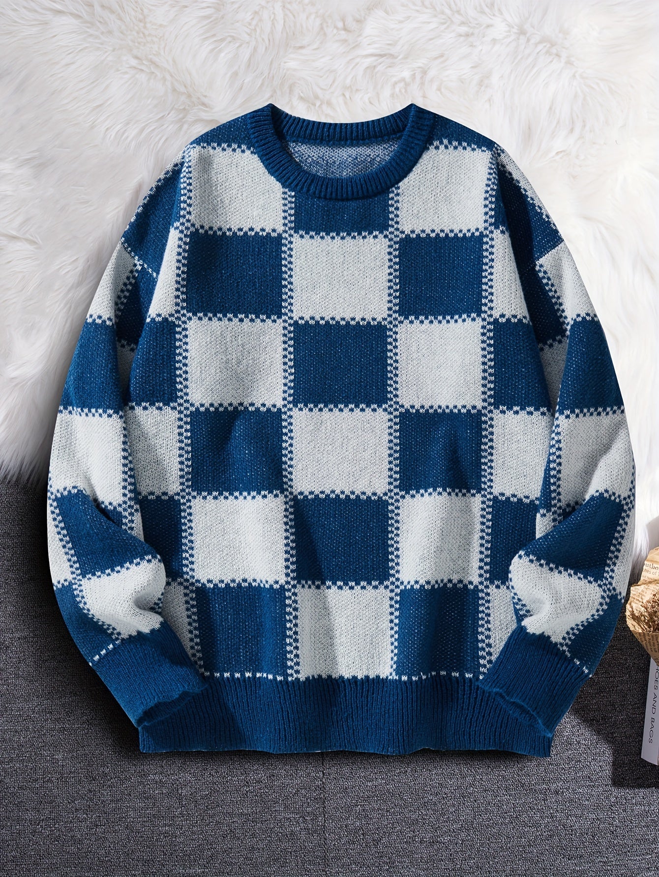 Men's Checkerboard Knitted Sweater - Warm And Stretchy Casual Pullover For Fall And Winter