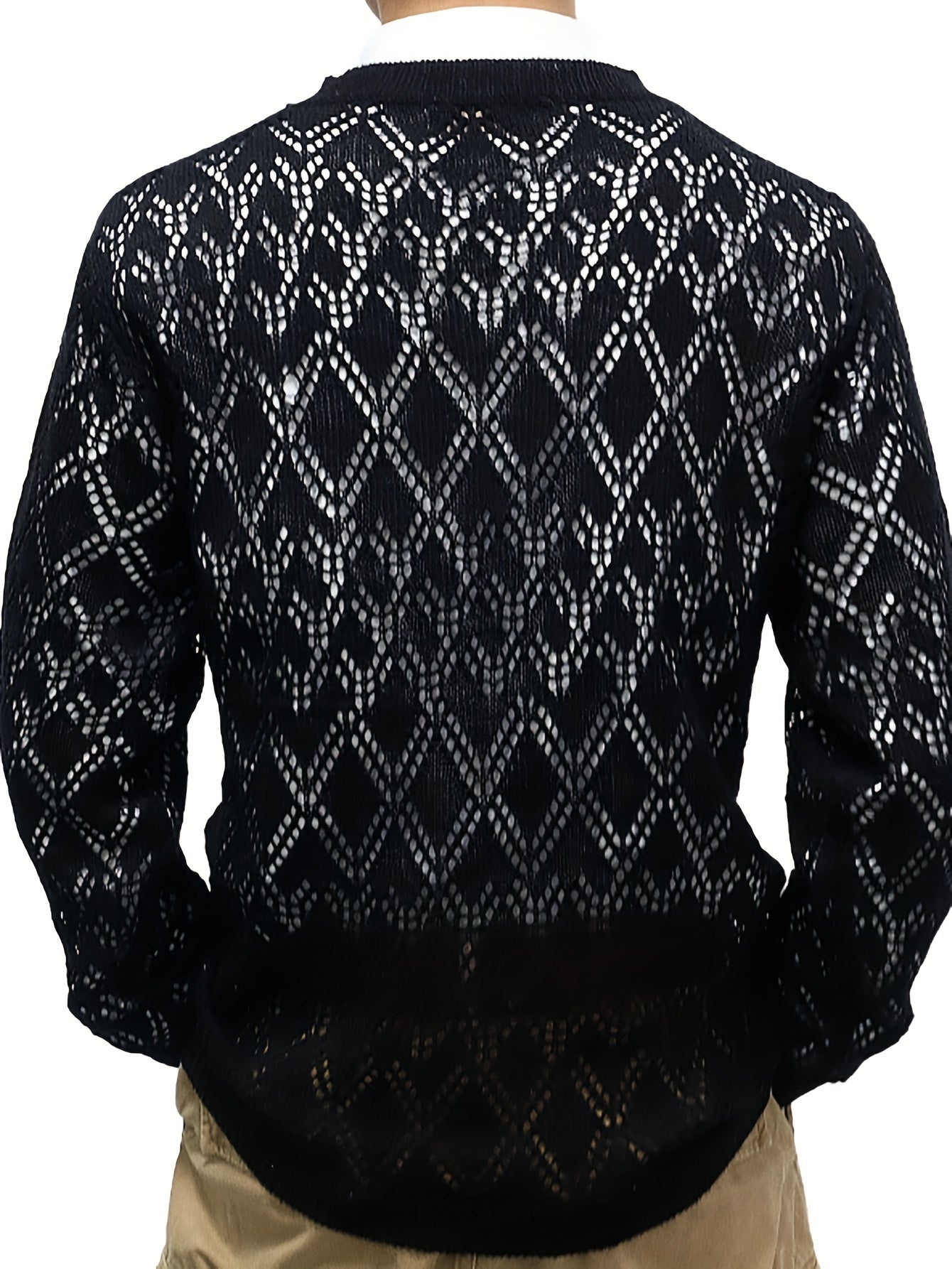 Trendy Knit Sweater Sheer Mesh Hollow Design Casual Round Neck Pullover Sweater Sexy Clubwear For Men