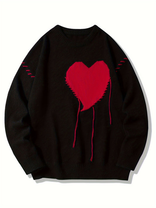 Mens Knit Crew Neck Long Sleeve Sweatshirt - Vibrant Contrast Color Heart Pattern, Classic Fit, Chic and Stylish Design - Perfect for Spring and Autumn Leisurewear, Daily Wear, or as a Gift