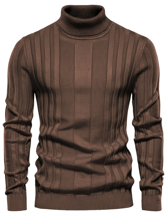 Turtleneck Knitted Sweater, Men's Casual Warm Solid High Stretch Pullover Sweater For Fall Winter