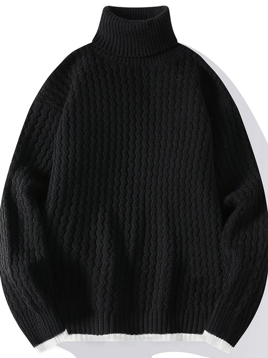 Cozy Solid Striped Knit Pullover Sweater - Men's Casual Long Sleeve Turtle Neck for Fall Winter - Soft, Warm, and Breathable