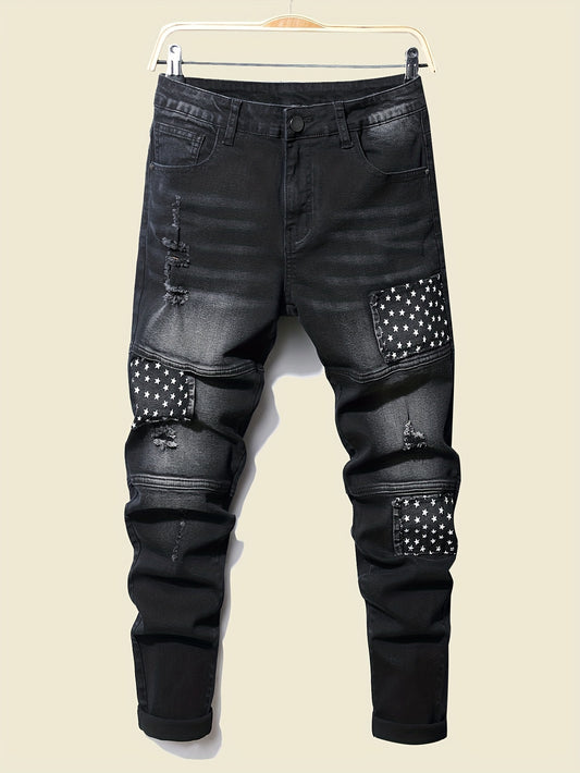 Regular Fit Men's Denim Jeans with Distressed, Ripped, and Star Pattern Pieces, Fashionable Cuffed Pants for All Seasons Street Wear