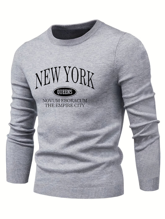 NEW YORK Print All Match Knitted Sweater, Men's Casual Warm Mid Stretch Crew Neck Pullover Sweater For Men Fall Winter