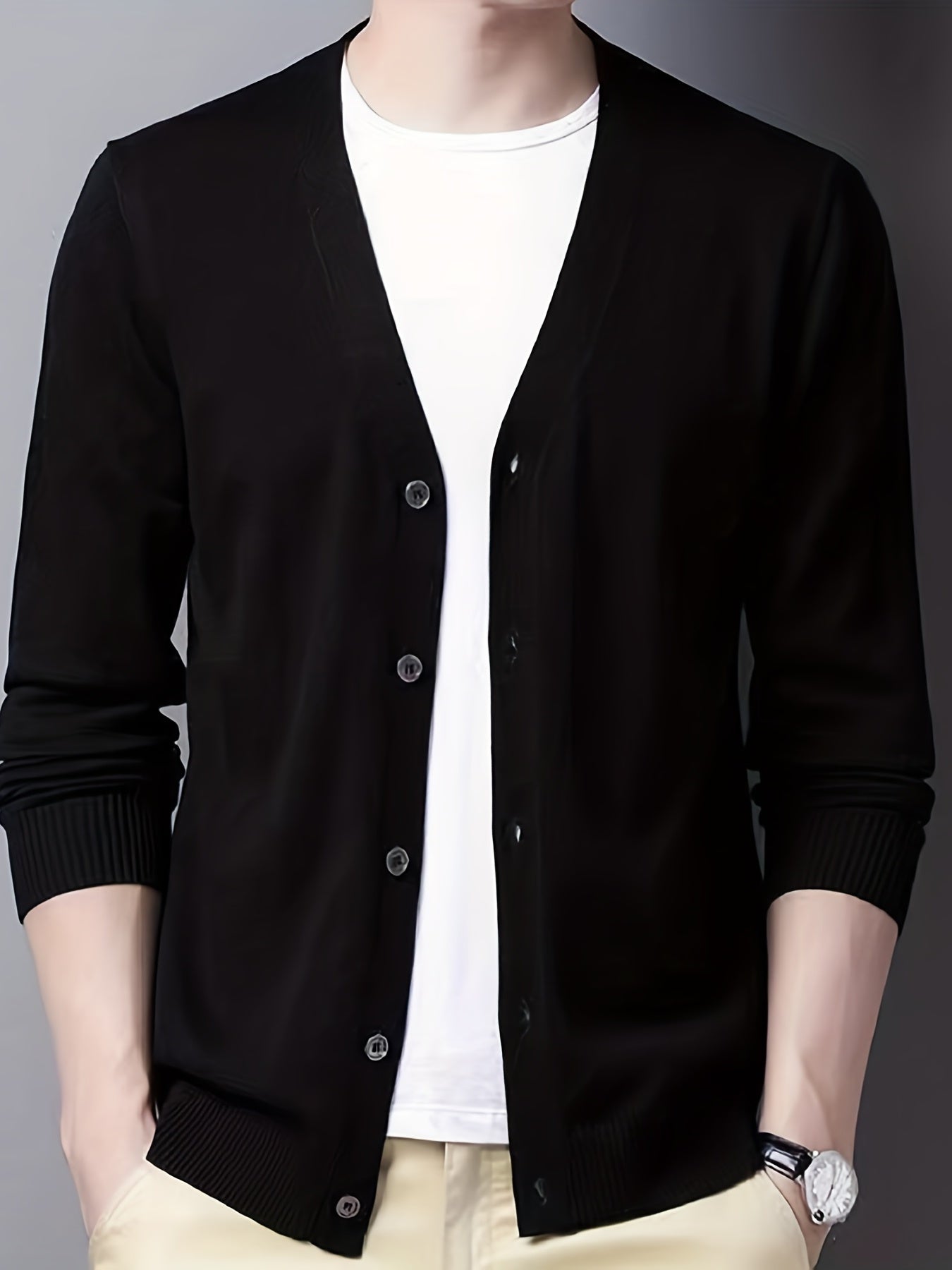 Men's V-neck Casual Cardigan, Plain Thermal Regular Fit Knit Sweater For Spring Autumn