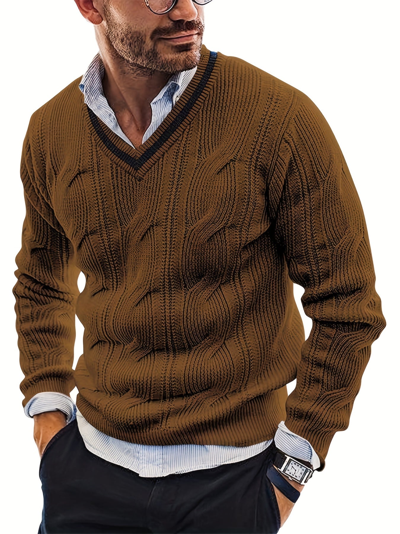 All Match Knitted Sweater, Men's Casual Vintage Warm High Stretch V Neck Pullover Sweater For Fall Winter Preppy