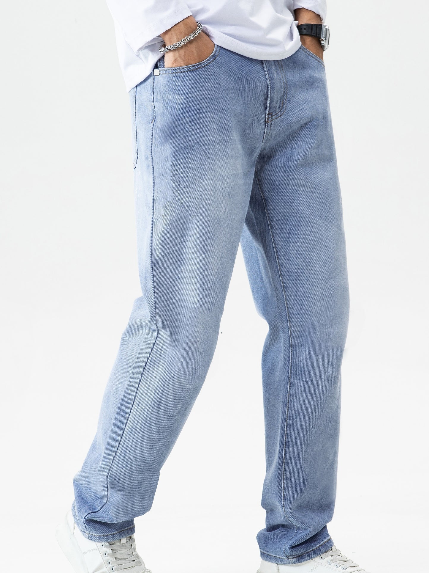 Men's Relaxed Fit Vintage Jeans - Casual Street Style Denim Pants with Multiple Pockets for Everyday Wear