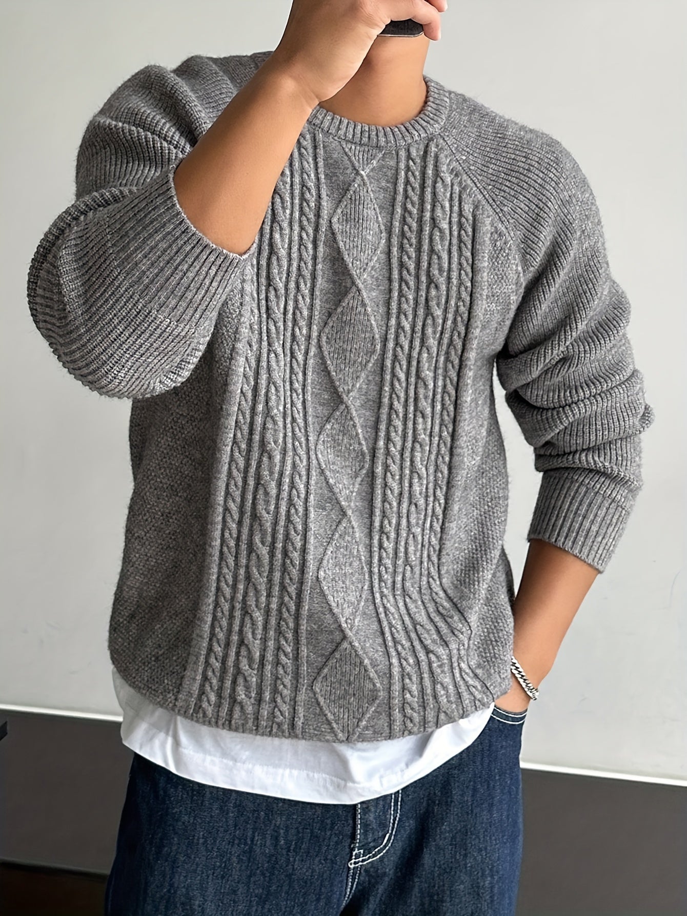 Men's Stylish Solid Color Twist Knit Sweater - Pullovers with Versatile Long Sleeve, Trendy Textured Design, and Cozy Fit for Autumn and Winter - Perfect Gift Idea for Him