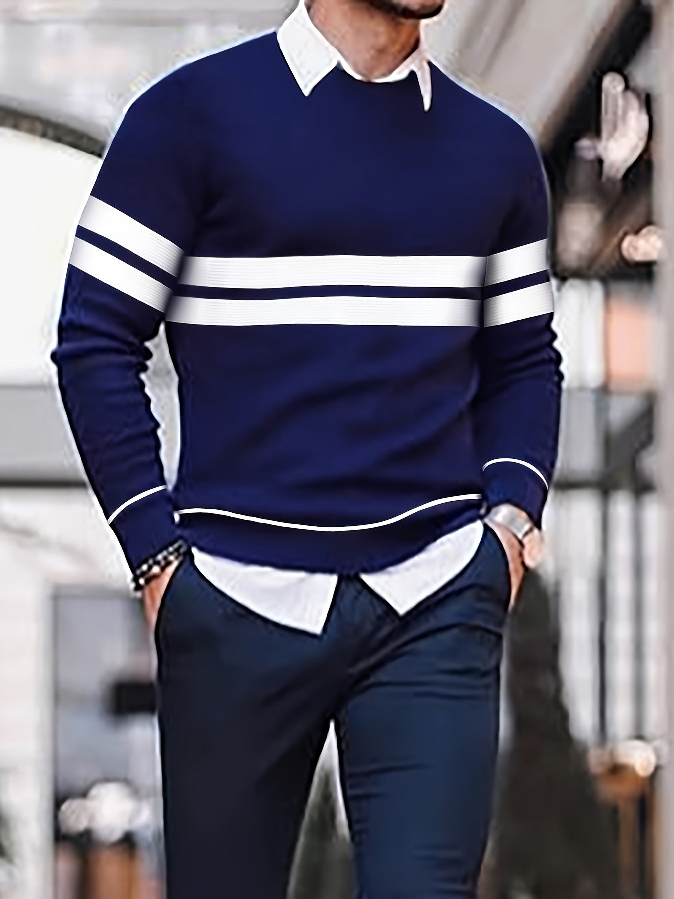 All Match Knitted Color Block Sweater, Men's Casual Warm Mid Stretch Crew Neck Pullover Sweater For Fall Winter, Old Money Style