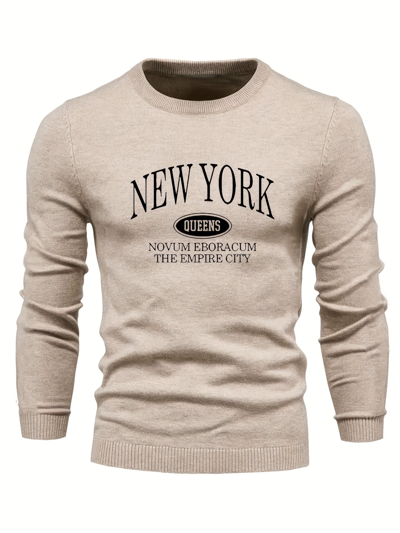 NEW YORK Print All Match Knitted Sweater, Men's Casual Warm Mid Stretch Crew Neck Pullover Sweater For Men Fall Winter