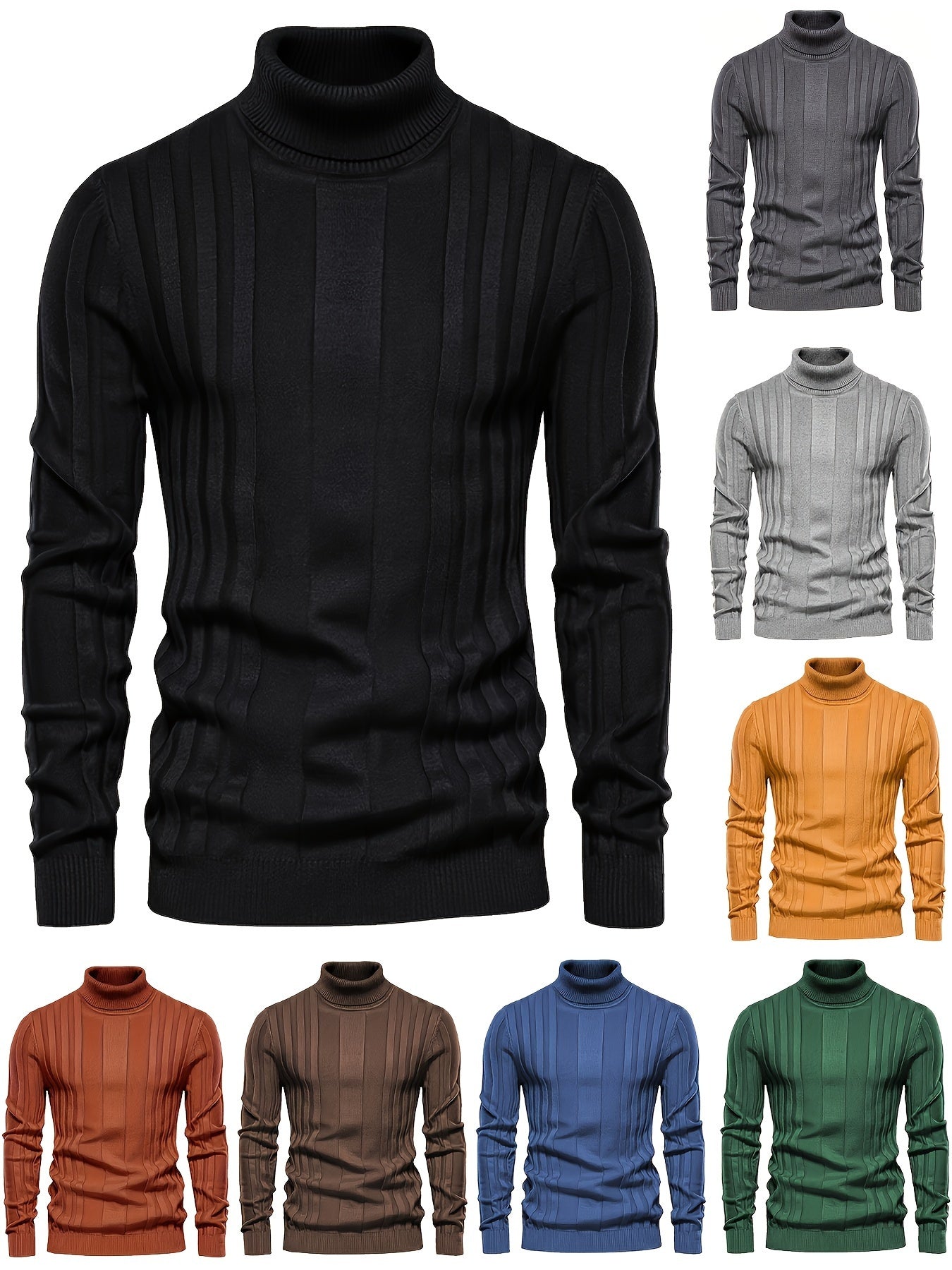 Turtleneck Knitted Sweater, Men's Casual Warm Solid High Stretch Pullover Sweater For Fall Winter