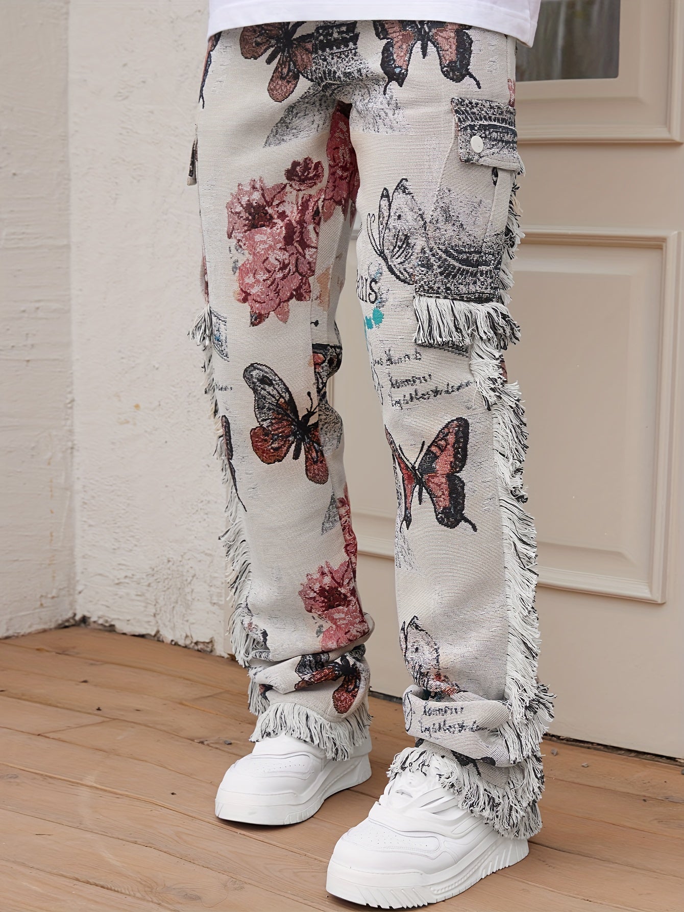 Mens Vintage Hip Hop Denim Pants - Eye-Catching Butterfly Print, Raw Hem, Loose-Fitting & Straight Leg - Perfect for Outdoor Style