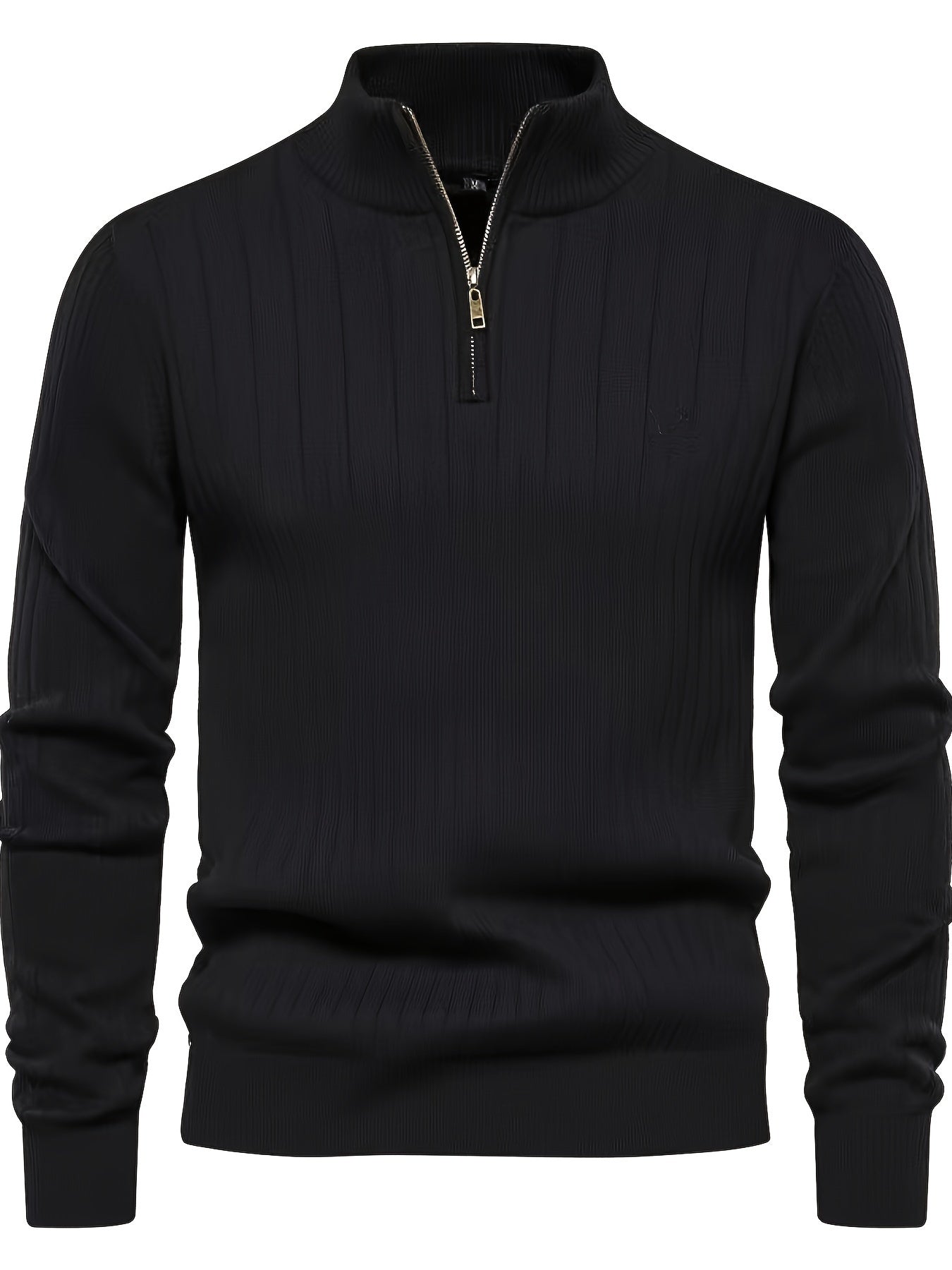 Men's Casual Zip-Up Stand Collar Sweater - Solid Color, Stretch Knit Pullover for Fall/Winter