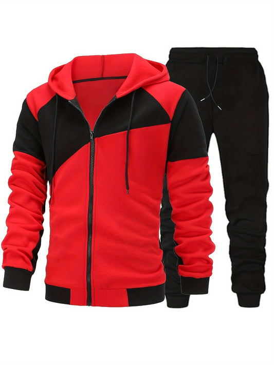 2-Piece Men's Fall Winter Sports Outfit Set - Stylish Color Block Long Sleeve Hooded Zip Up Sports Jacket & Solid Drawstring Joggers with Comfortable Fleece Lining, Breathable Fabric, and Adjustable Waistband - Perfect for Ou