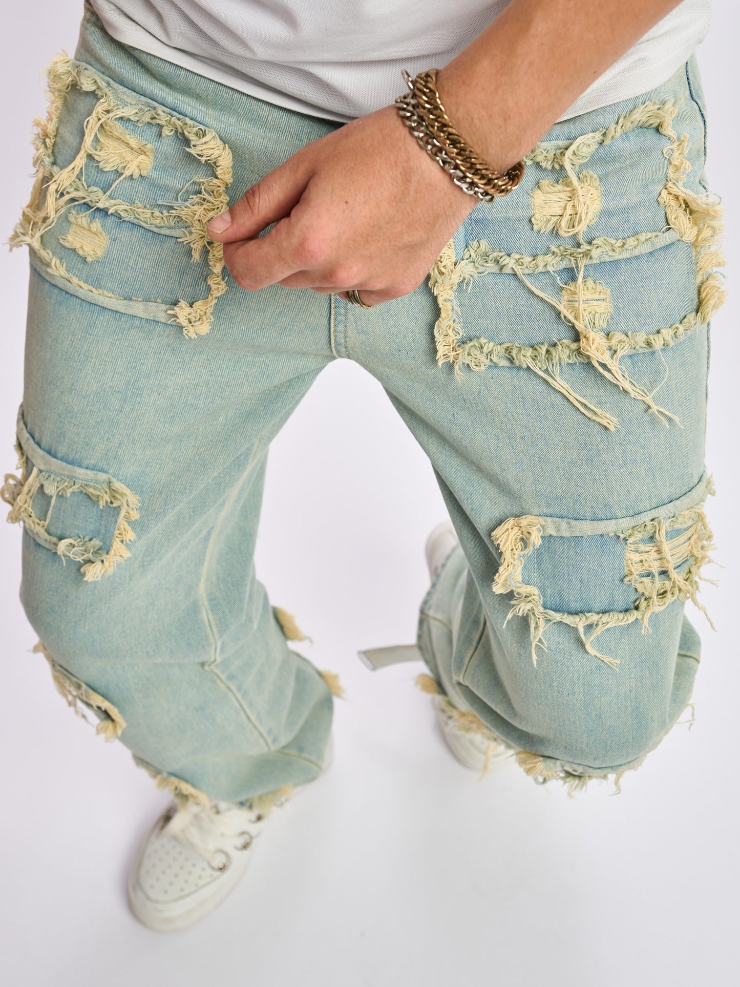 Men's Vintage Distressed Denim Jeans, Loose Fit Fringe Detailed Wide Leg Pants, Hip-Hop Street Style