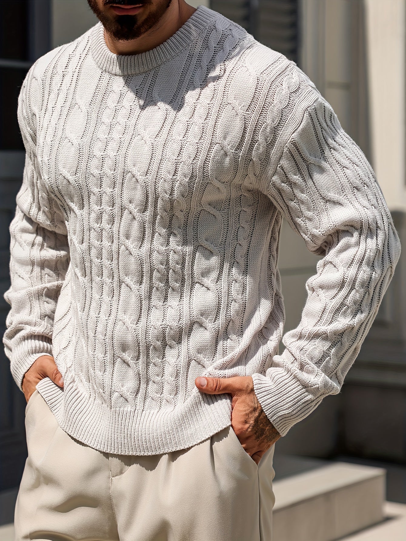 Autumn and Winter Solid Color Twist Texture Knit Long Sleeve Men's Sweater - Versatile Trendy Pullover As Gift