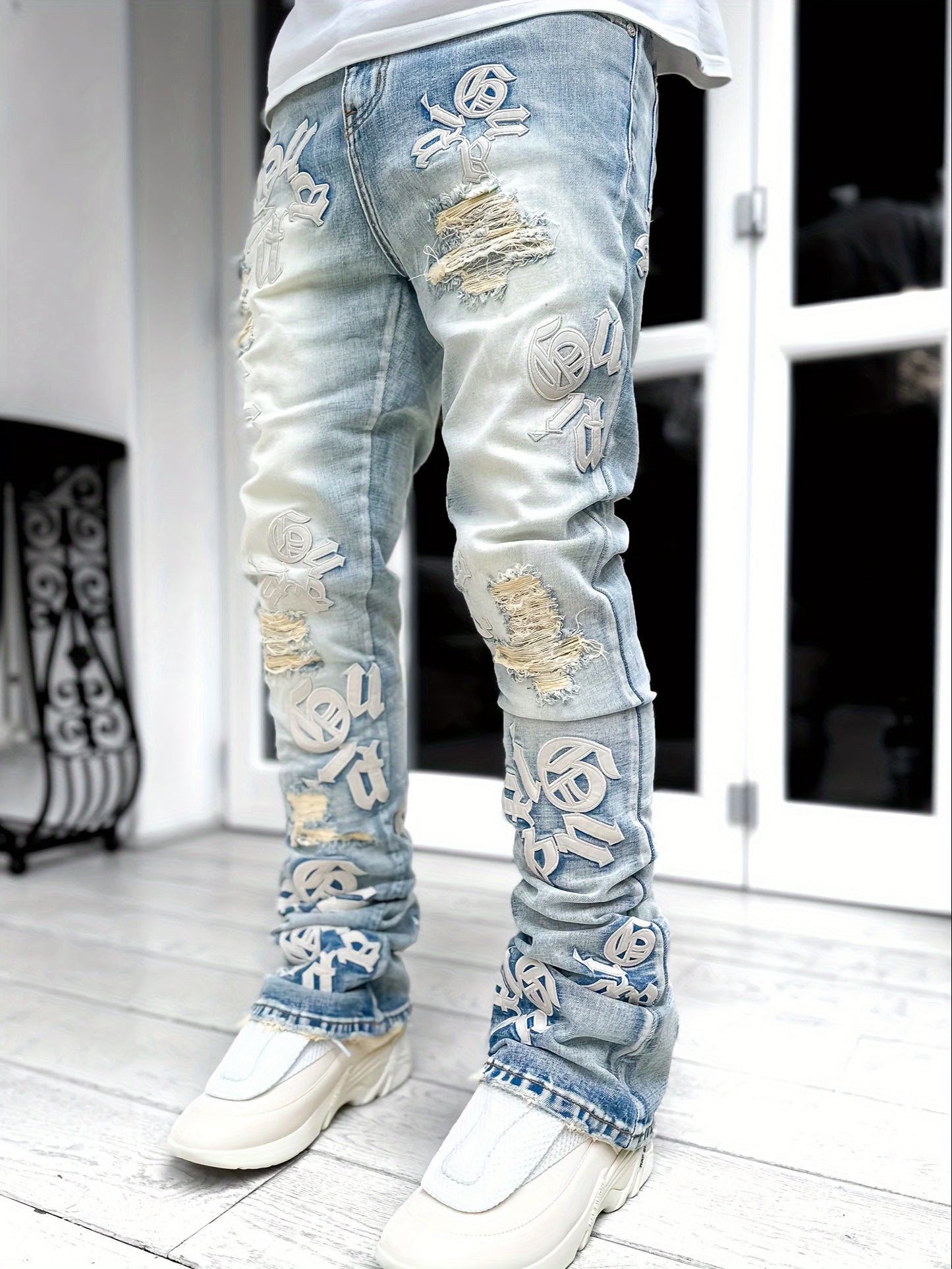 Regular Fit Skinny Embroidered Alphabets Denim Jeans - Vintage Style Ripped Pants with Non-Stretch Fabric for Adult Men - All-Season Wear