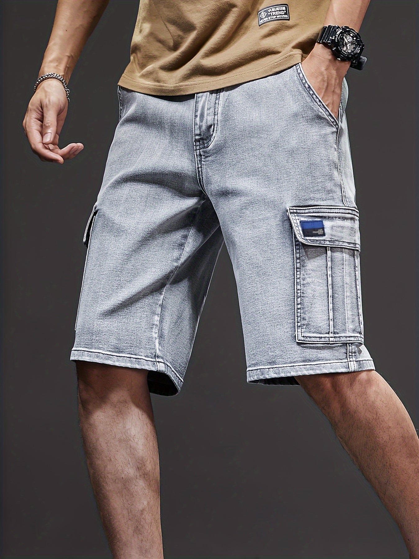 Men's Solid Cotton Blend Denim Jorts With Side Pockets Design, Chic Street Style Summer Bottoms For Men