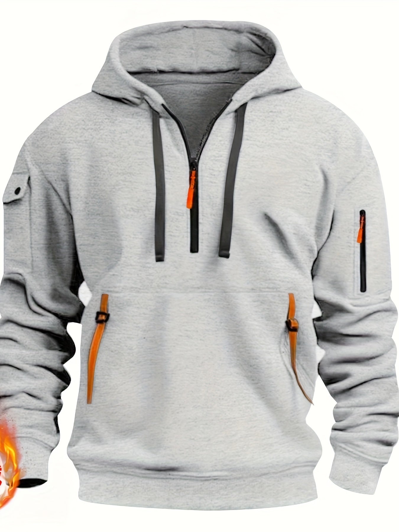 Men's Casual Fleece-Lined Hoodie with Multiple Zipper Pockets - V-Neck Pullover for Fall & Winter, Plus Size Available