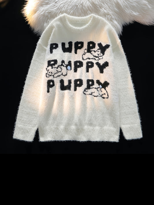 Casual Polyester Knit Sweater with Cartoon Puppy Print - Crew Neck, Medium Stretch, Loose Fit Pullover for Adults - Fall/Winter Season Color Block Alphabet Pattern Jumper