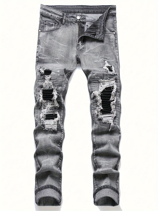 Slim Fit Men's Distressed Ripped Denim Jeans, Fashion Basic Style Versatile Pants For All Seasons