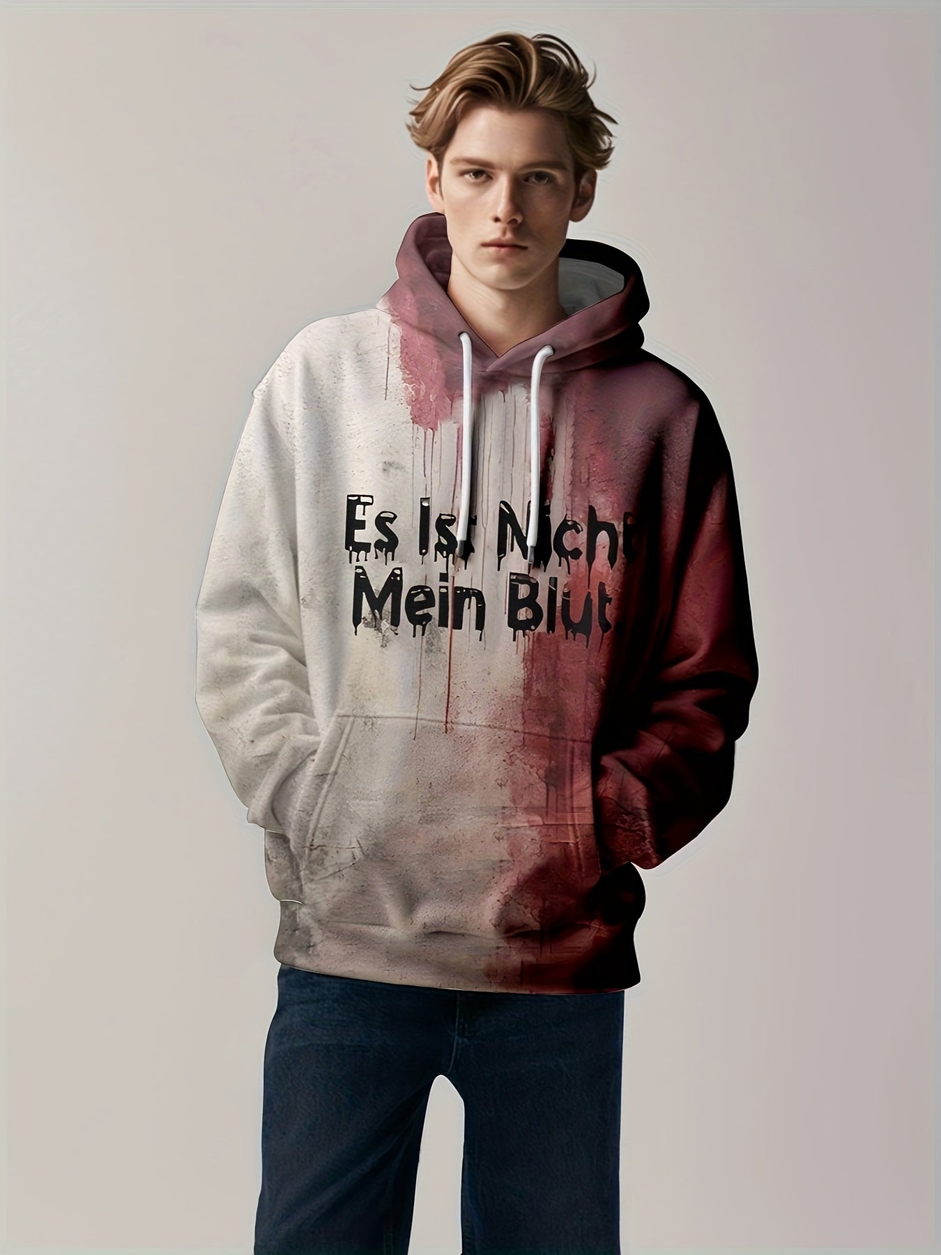 Men's Color Block Melting Text Print Hoodie With Kangaroo Pocket, Casual Long Sleeve Hooded Sweatshirt For Outdoor