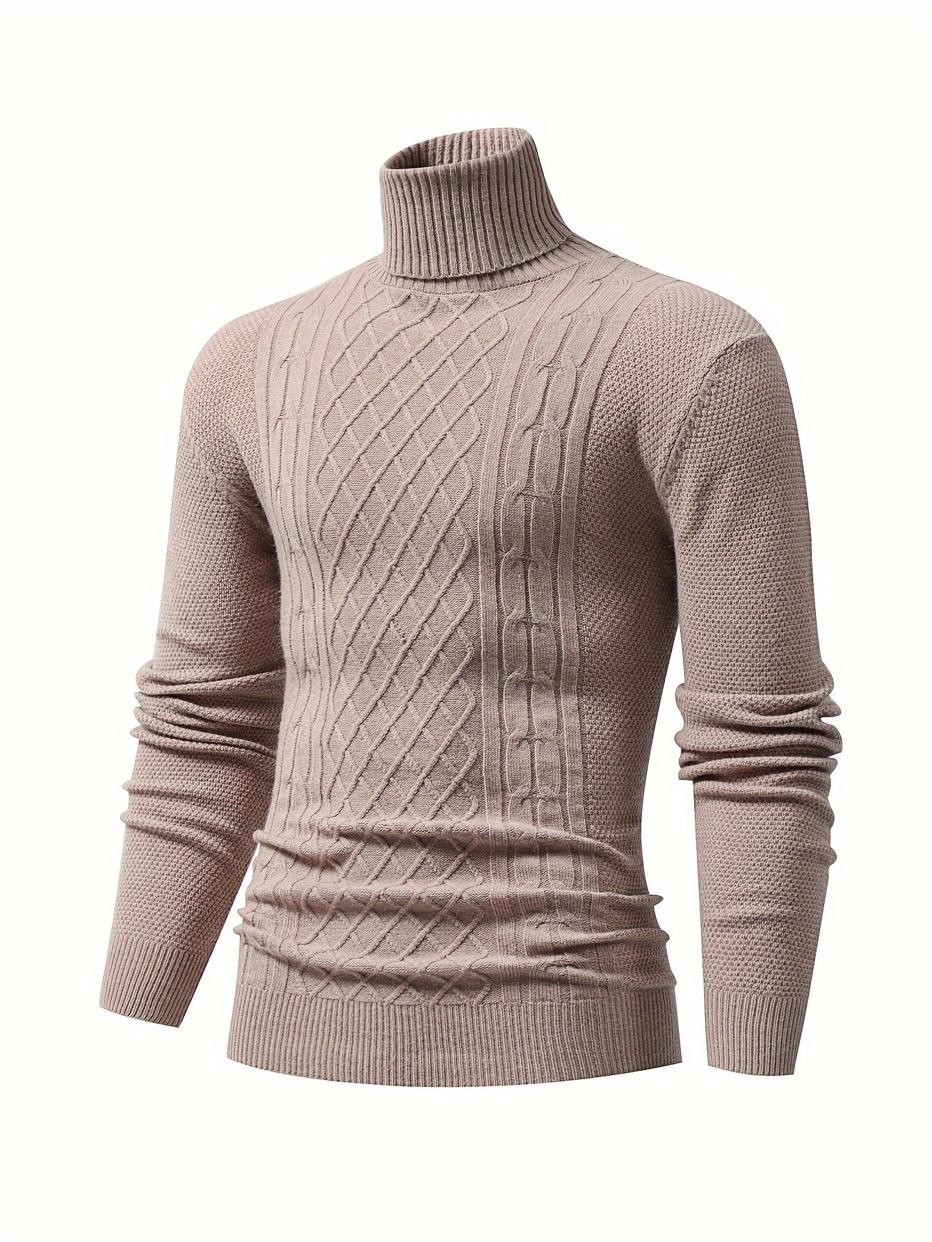 Turtle Neck Knitted Cable Sweater, Men's Casual Warm Solid High Stretch Pullover Sweater For Fall Winter