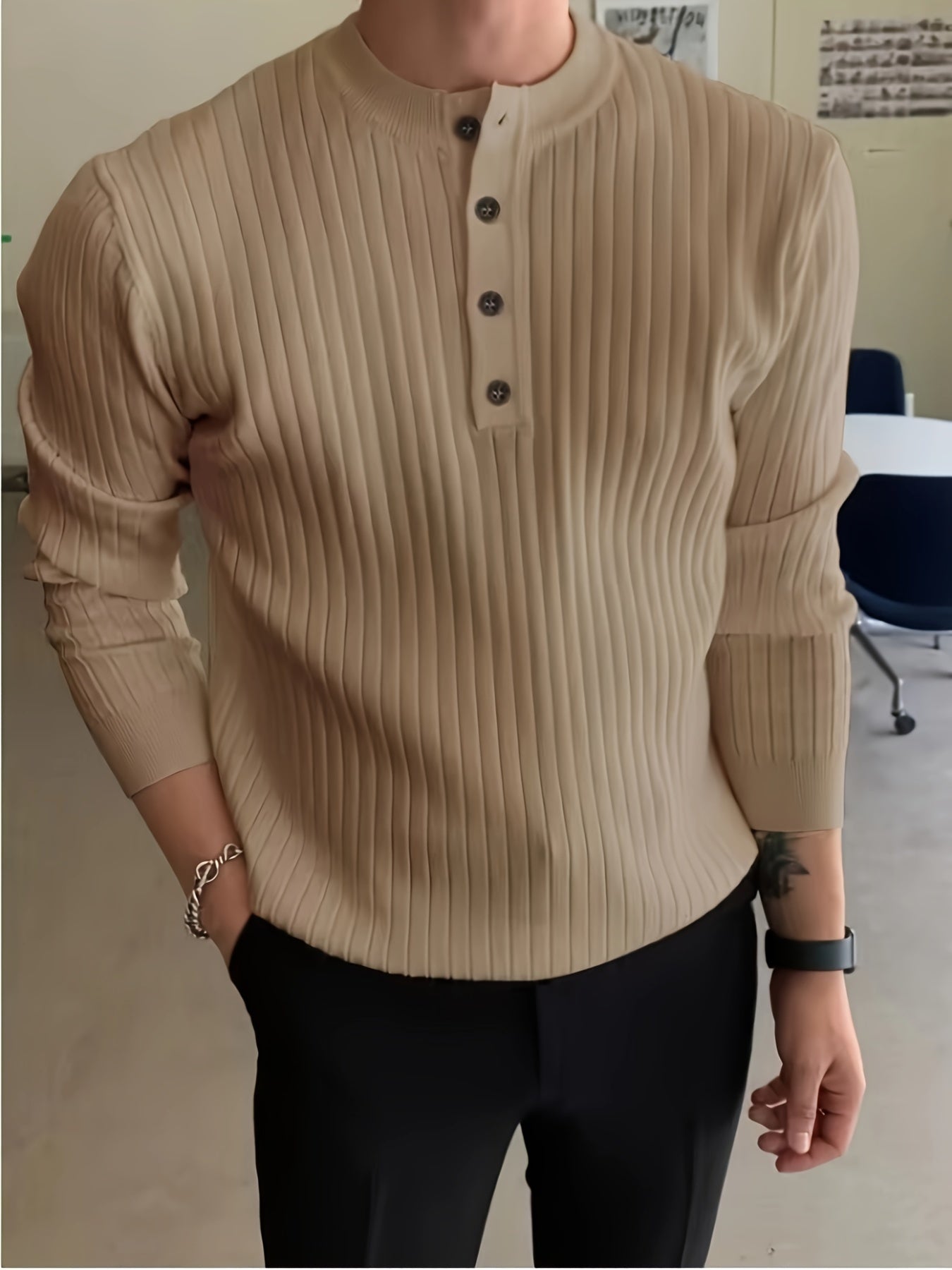 Trendy Solid Knitted Ribbed Sweater, Men's Casual Warm Slightly Stretch V Neck Pullover Sweater For Men Fall Winter