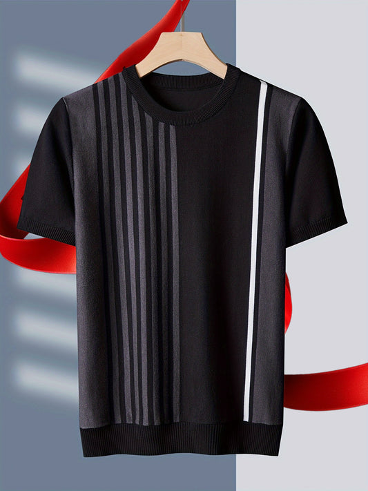 Men's Premium Soft Knit Striped Crew Neck Tee - Ultra-Comfortable, Breathable, Machine Washable, Short Sleeve, Easy Care - Tehan