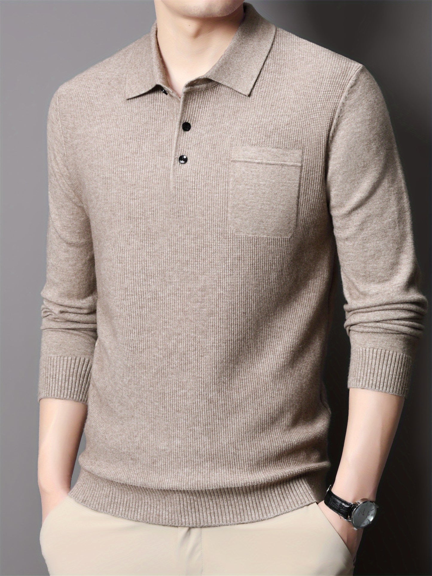 Men's Solid Knitted Pullover With Chest Pocket, Casual Breathable Long Sleeve Lapel Half Button Sweater For Fall Winter