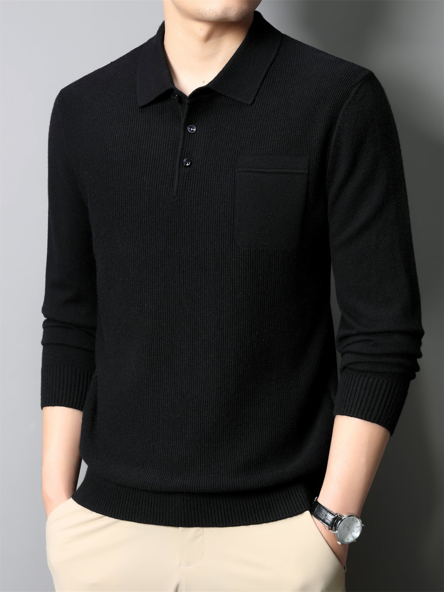 Men's Solid Knitted Pullover With Chest Pocket, Casual Breathable Long Sleeve Lapel Half Button Sweater For Fall Winter