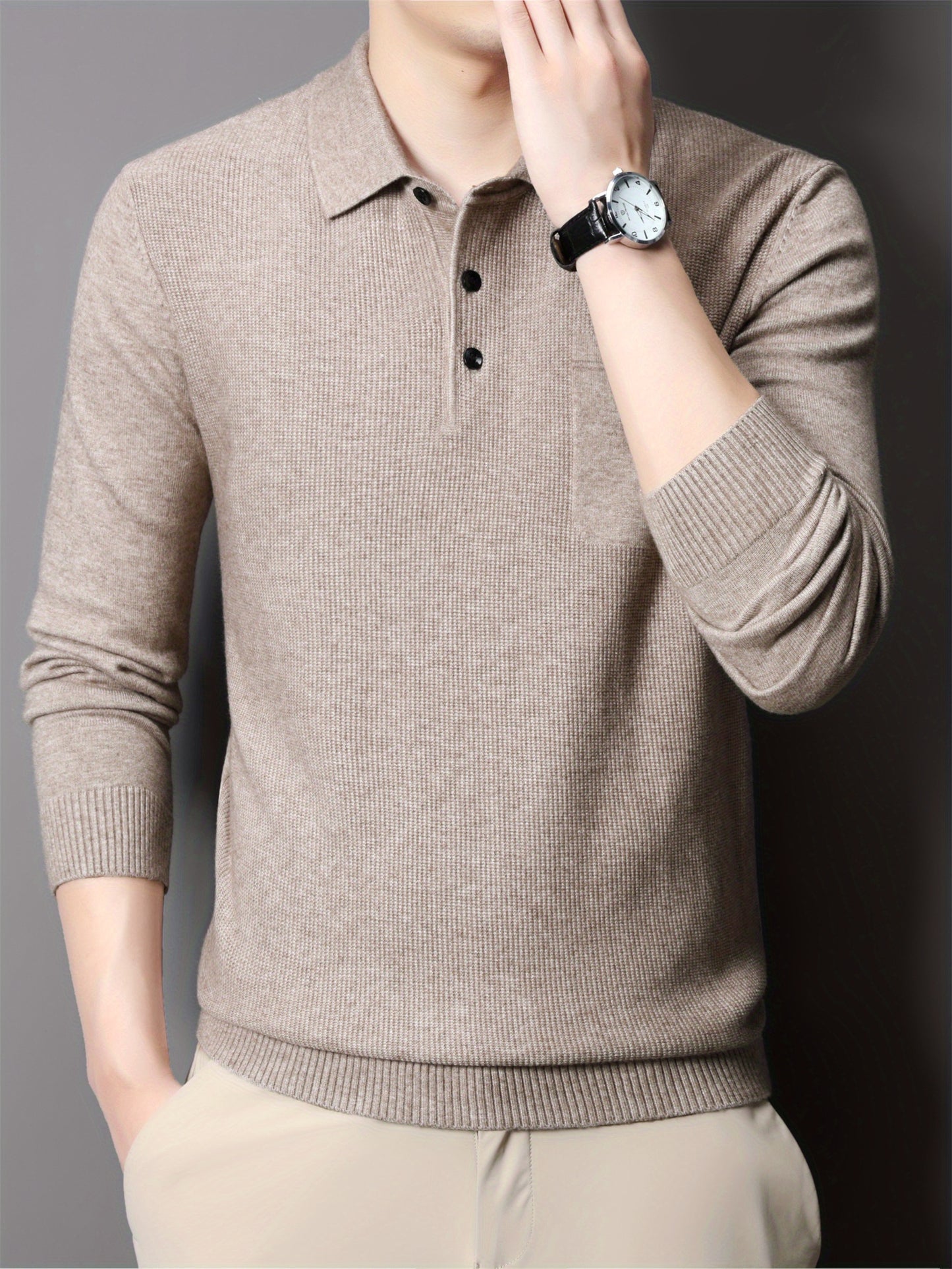 Men's Solid Knitted Pullover With Chest Pocket, Casual Breathable Long Sleeve Lapel Half Button Sweater For Fall Winter