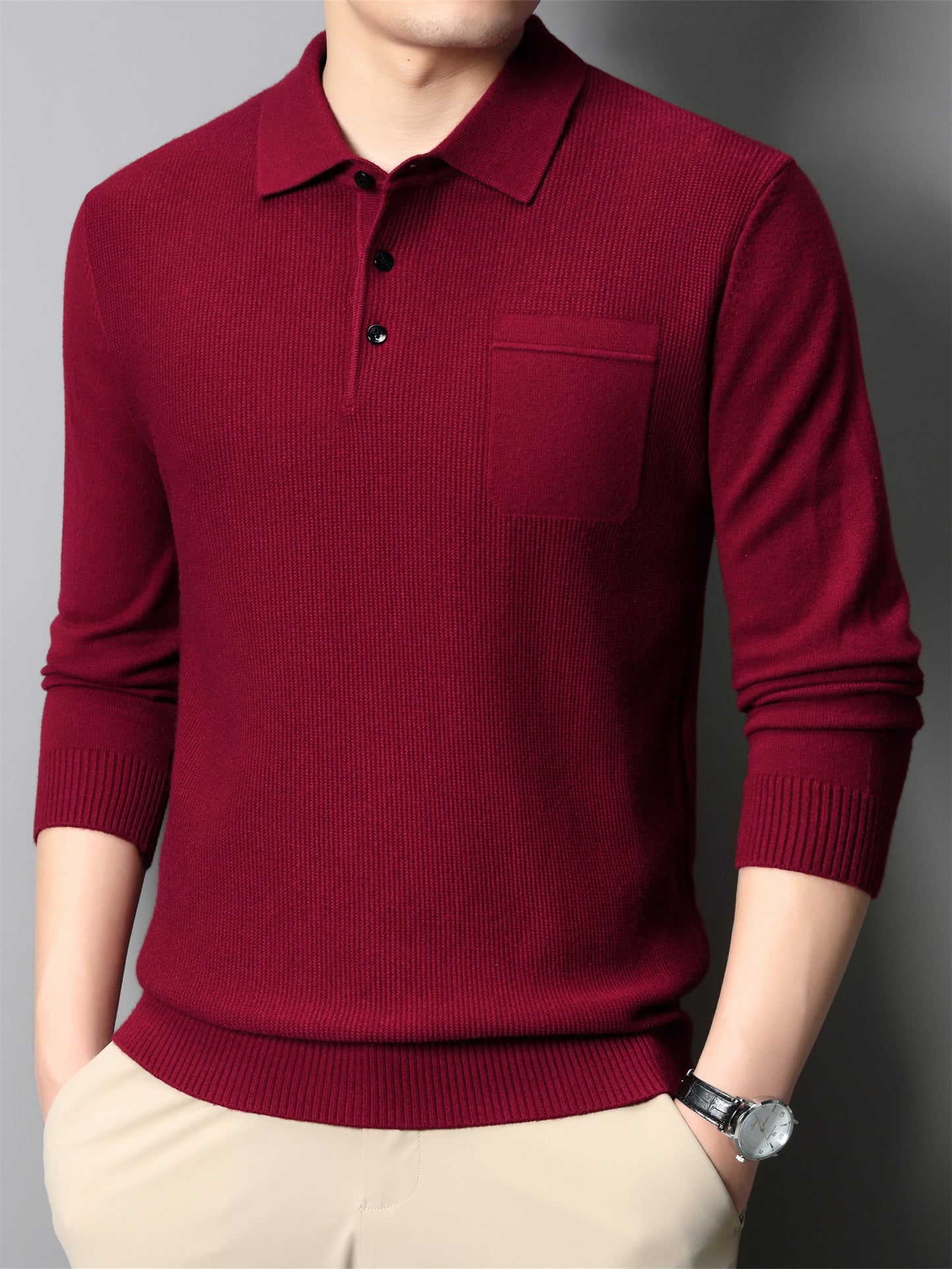 Men's Solid Knitted Pullover With Chest Pocket, Casual Breathable Long Sleeve Lapel Half Button Sweater For Fall Winter