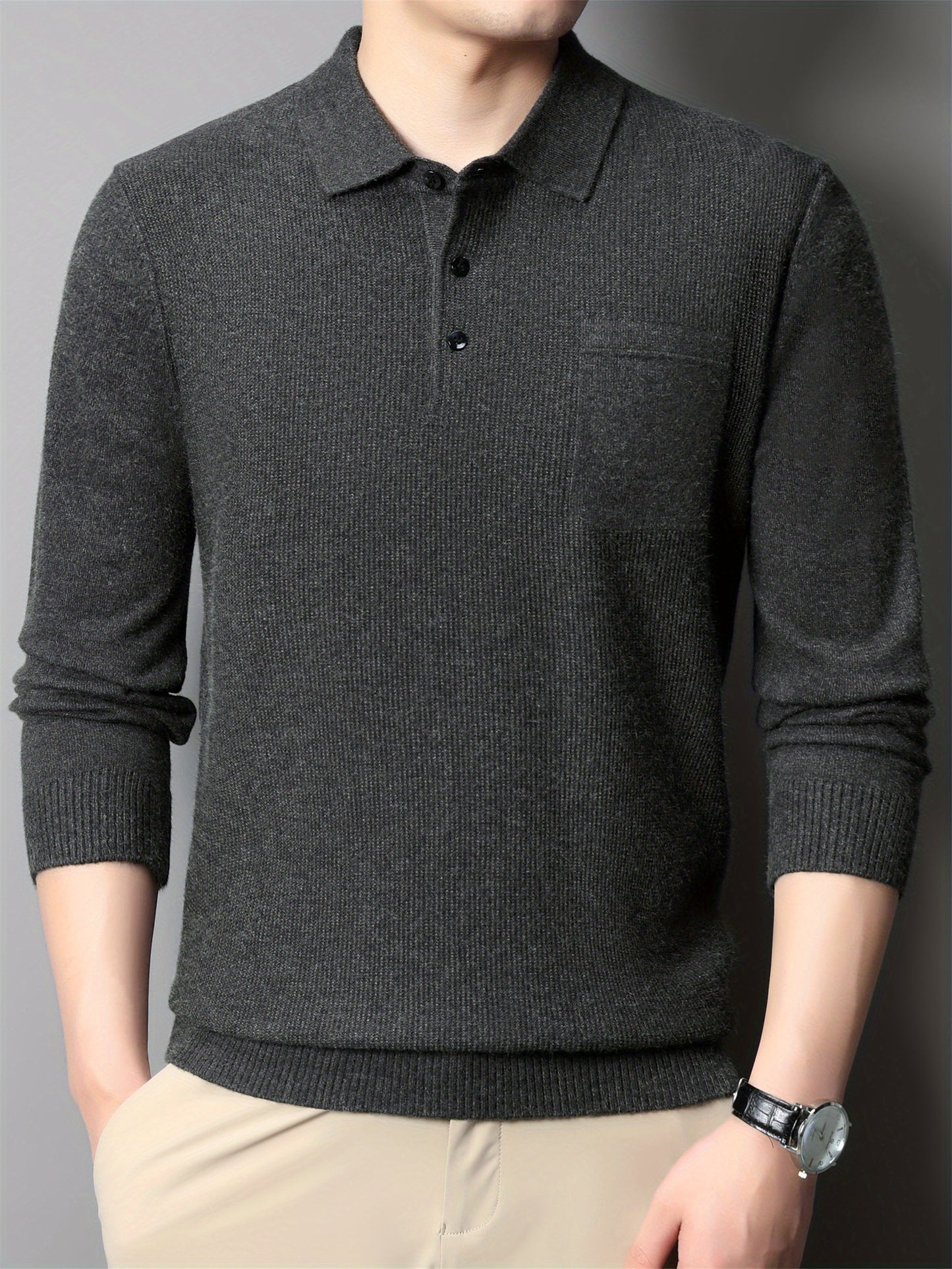 Men's Solid Knitted Pullover With Chest Pocket, Casual Breathable Long Sleeve Lapel Half Button Sweater For Fall Winter