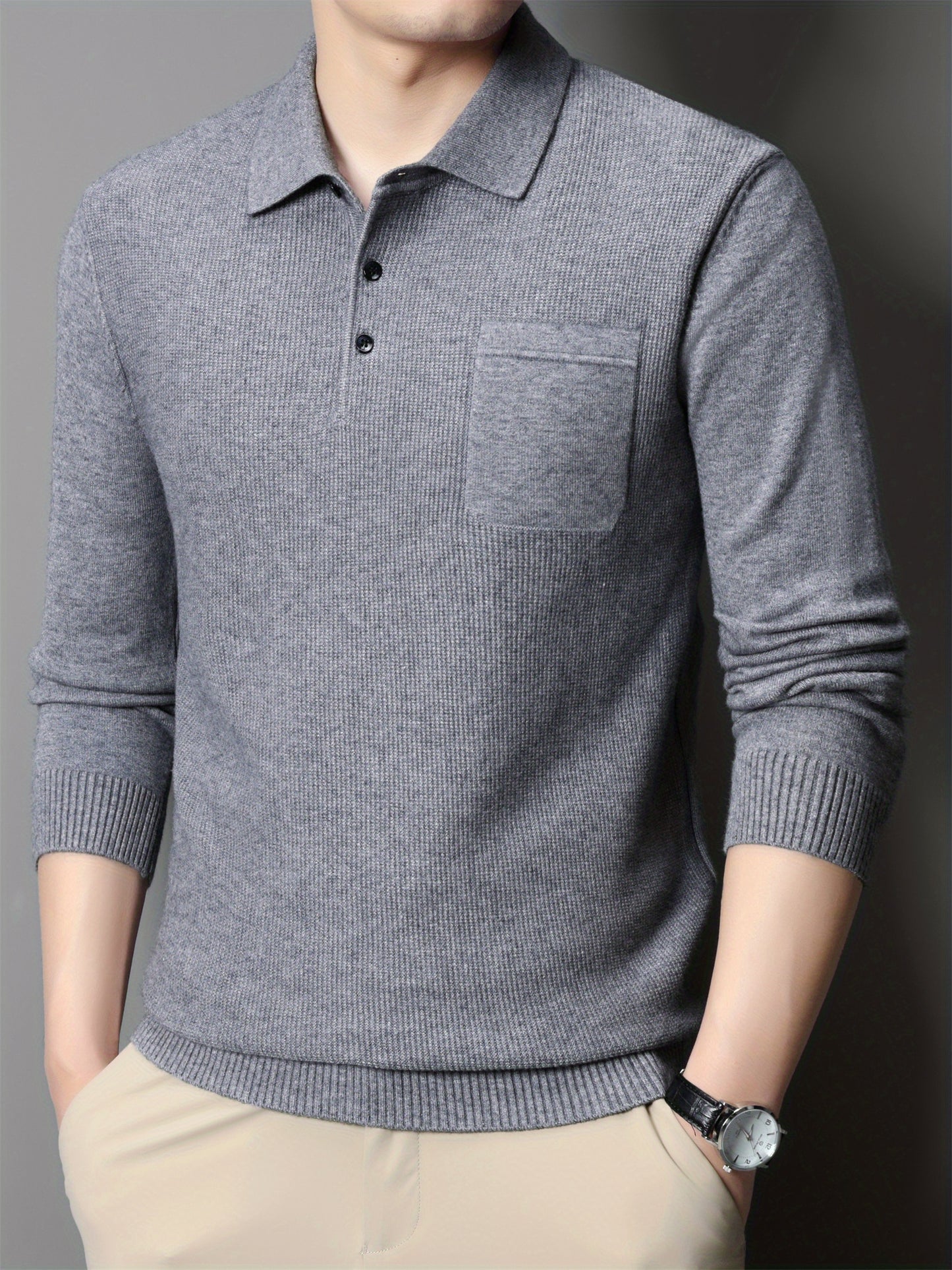 Men's Solid Knitted Pullover With Chest Pocket, Casual Breathable Long Sleeve Lapel Half Button Sweater For Fall Winter