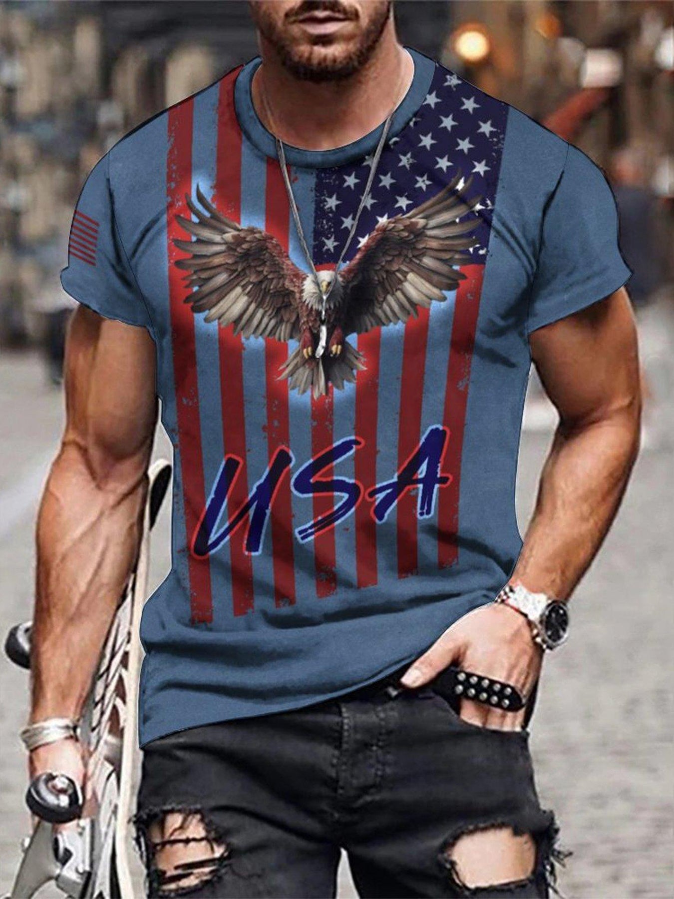 Eagle And Flag Print T-shirt, Men's Casual Street Style Stretch Round Neck Tee Shirt For Summer