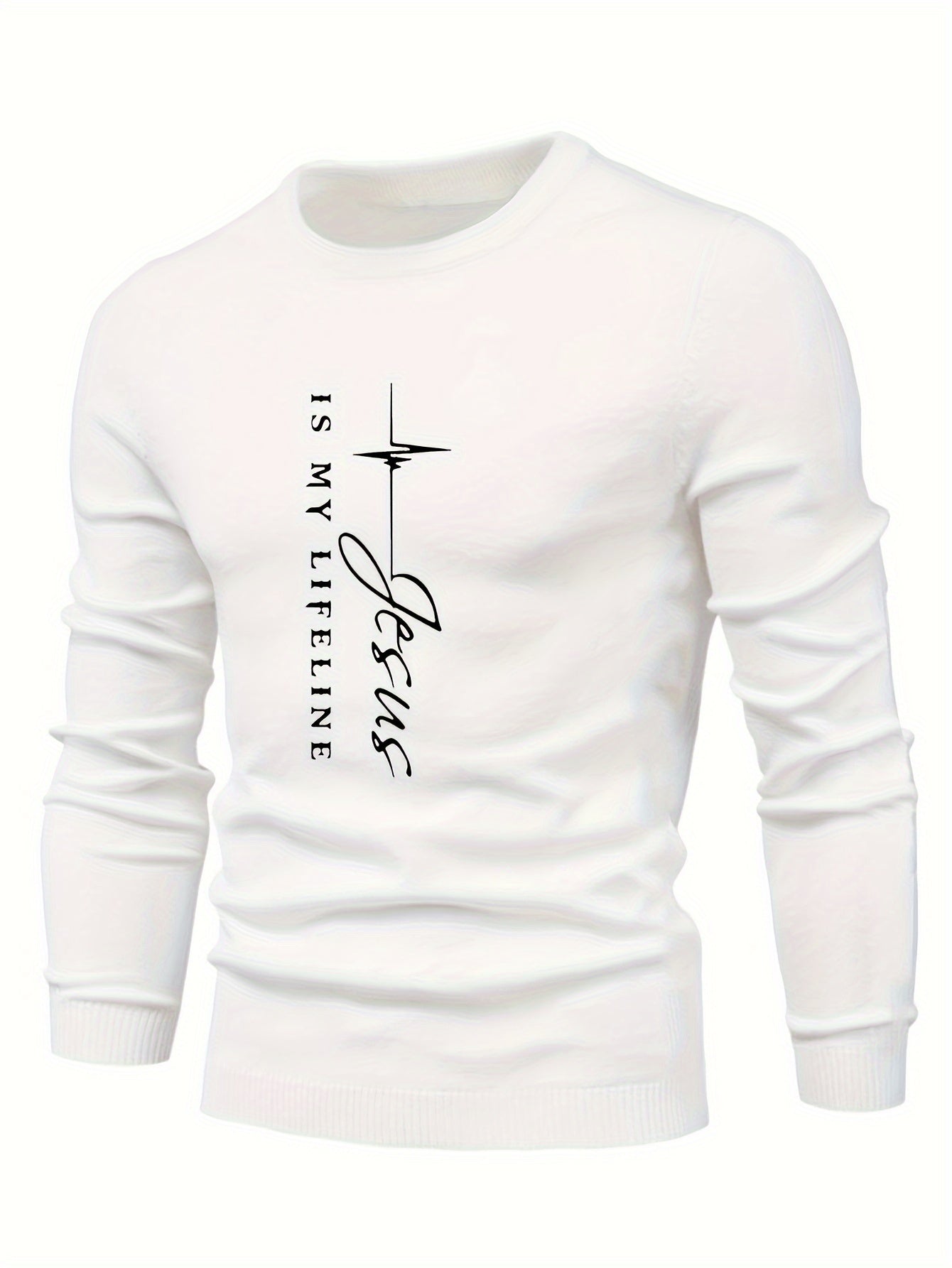 Christian Themed Letter Print Men's Casual Stretch Long Sleeve Knitted Round Neck Sweater, Spring Fall Pullover Top