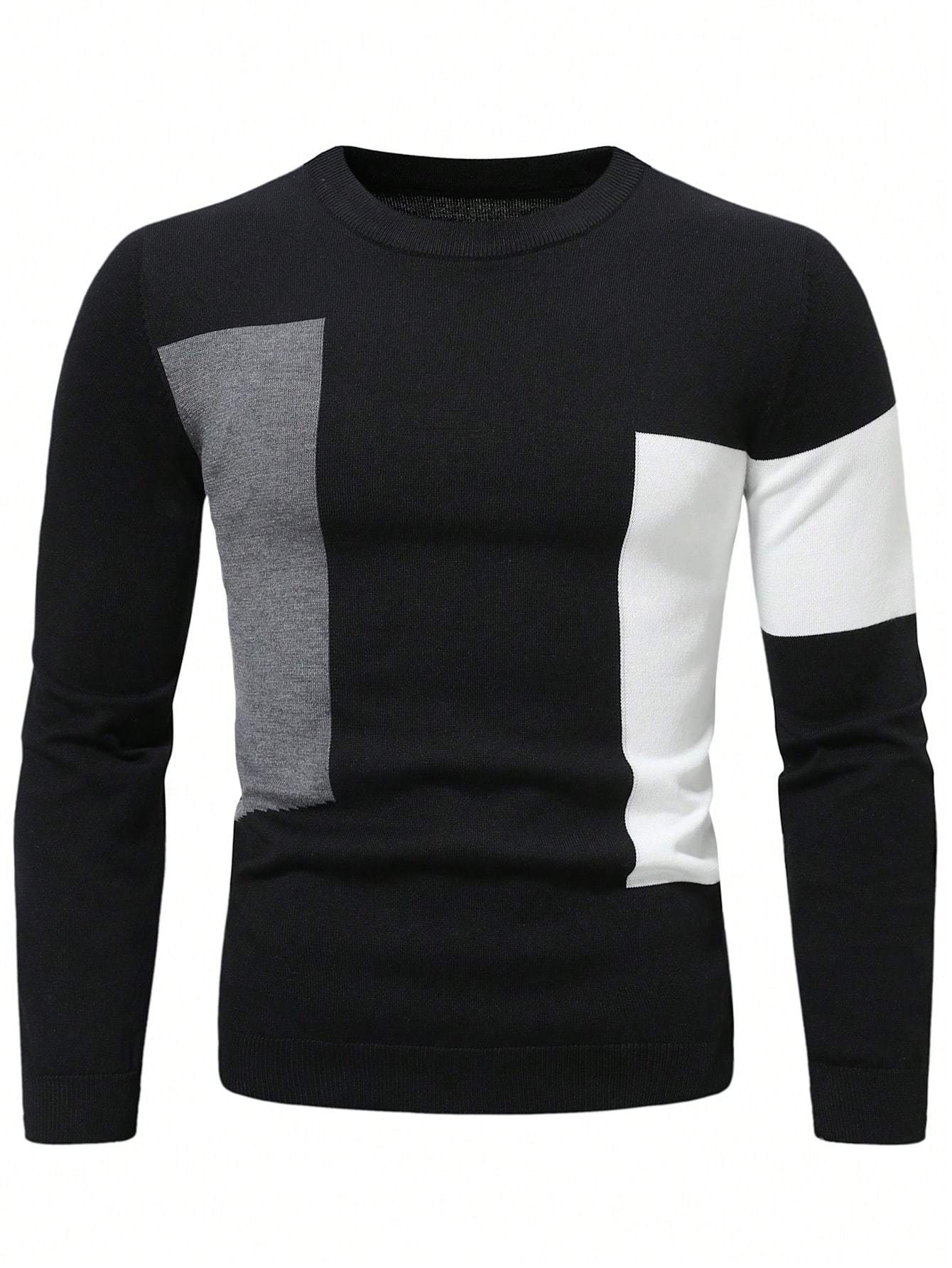 Men's Color Block Knitted Pullover, Casual Long Sleeve Crew Neck Sweater For Fall Winter