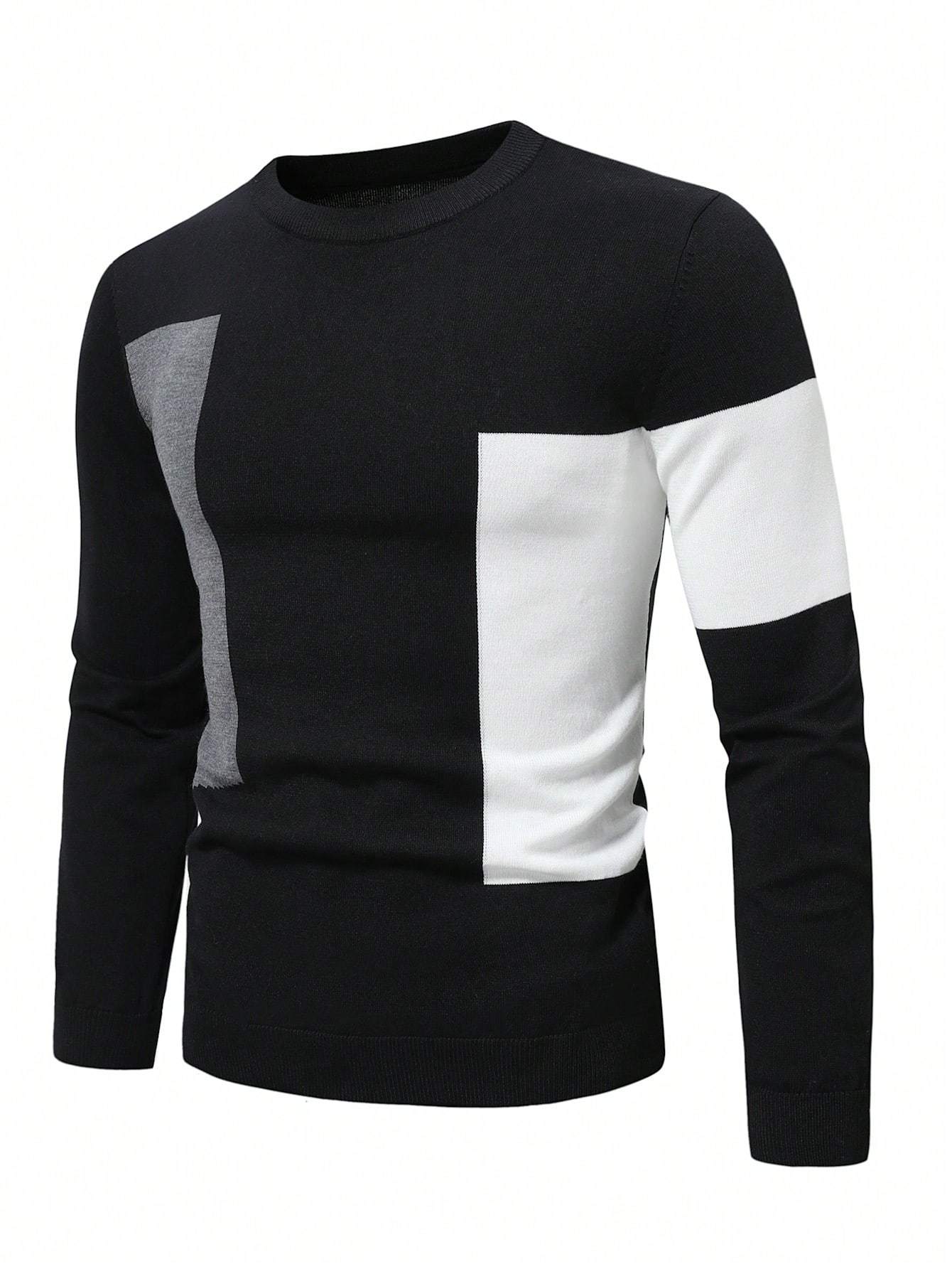 Men's Color Block Knitted Pullover, Casual Long Sleeve Crew Neck Sweater For Fall Winter