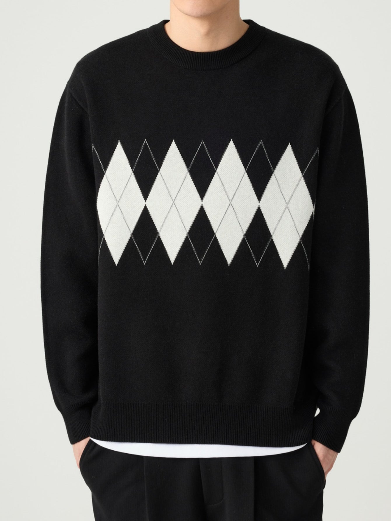 Men's Argyle Graphic Print Knitted Pullover, Casual Long Sleeve Crew Neck Sweater For Fall Winter