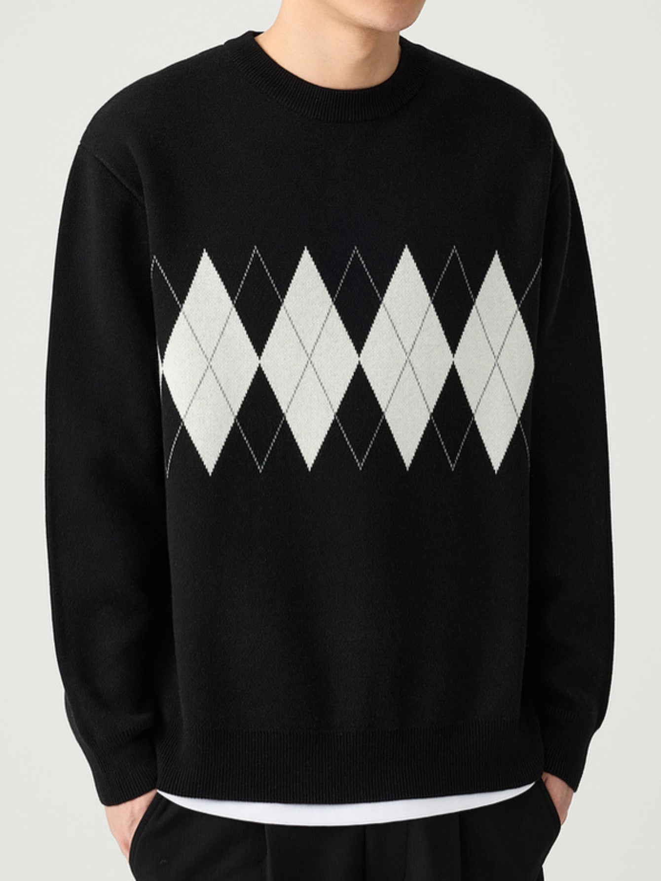 Men's Argyle Graphic Print Knitted Pullover, Casual Long Sleeve Crew Neck Sweater For Fall Winter