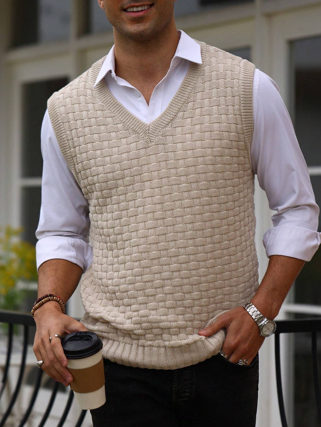 Men's Checkered Graphic Print Knitted Sleeveless Sweater, Casual V Neck Slim-fit Vest For Fall Winter Outdoor Activities