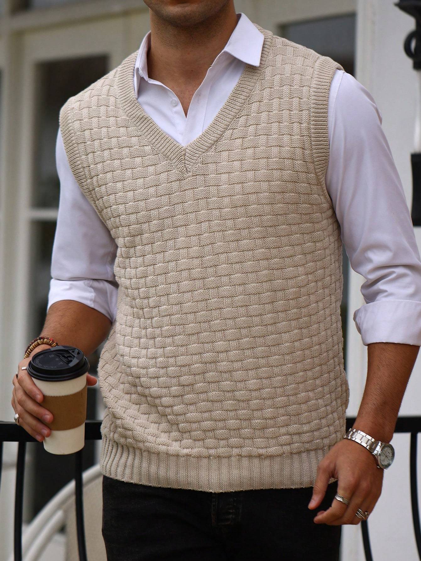 Men's Checkered Graphic Print Knitted Sleeveless Sweater, Casual V Neck Slim-fit Vest For Fall Winter Outdoor Activities