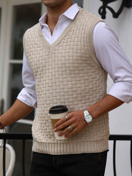 Men's Checkered Graphic Print Knitted Sleeveless Sweater, Casual V Neck Slim-fit Vest For Fall Winter Outdoor Activities