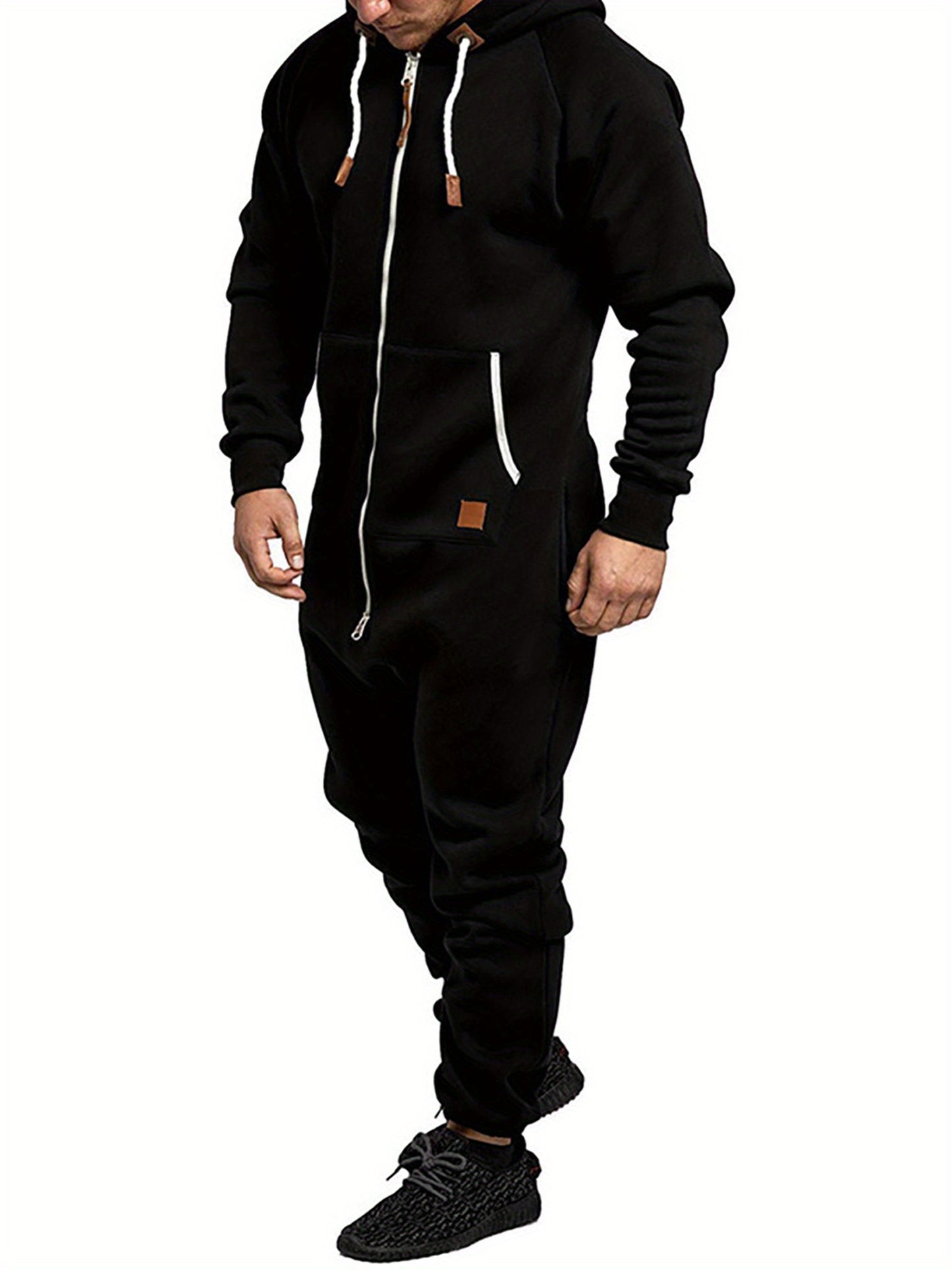 Men's Hooded Fleece Lining Jumpsuit, Long Sleeve Full Zipper Overalls with Kangaroo Pockets