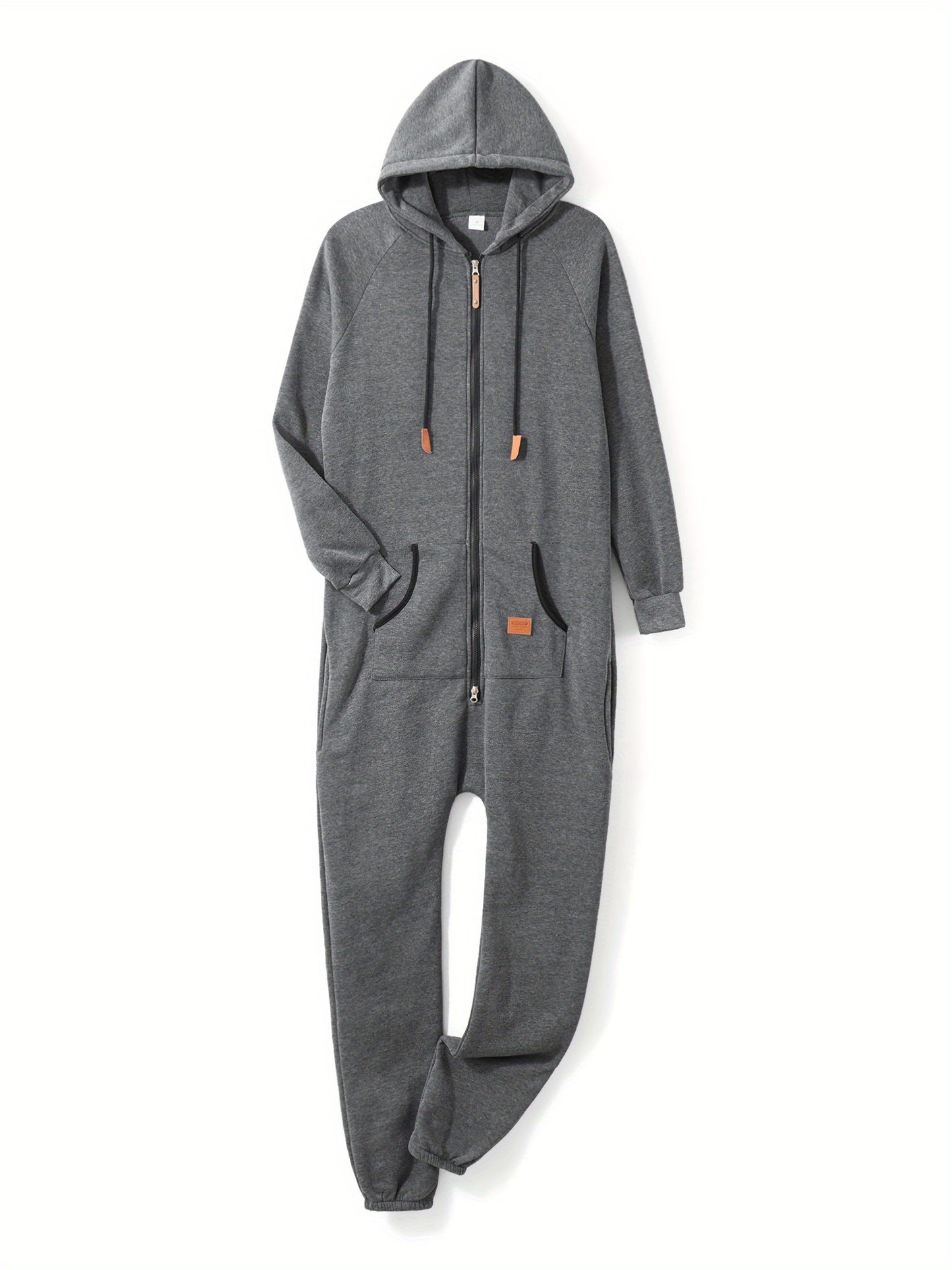 Men's Hooded Fleece Lining Jumpsuit, Long Sleeve Full Zipper Overalls with Kangaroo Pockets