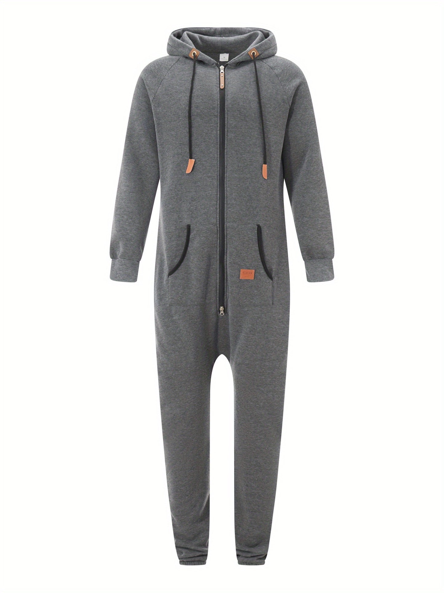 Men's Hooded Fleece Lining Jumpsuit, Long Sleeve Full Zipper Overalls with Kangaroo Pockets