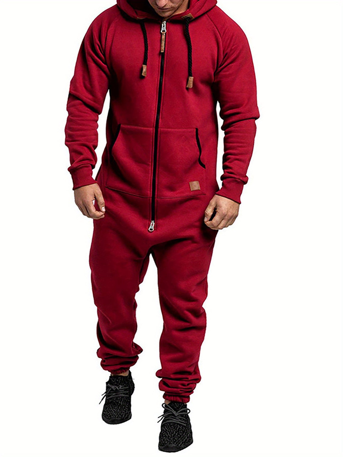 Men's Hooded Fleece Lining Jumpsuit, Long Sleeve Full Zipper Overalls with Kangaroo Pockets