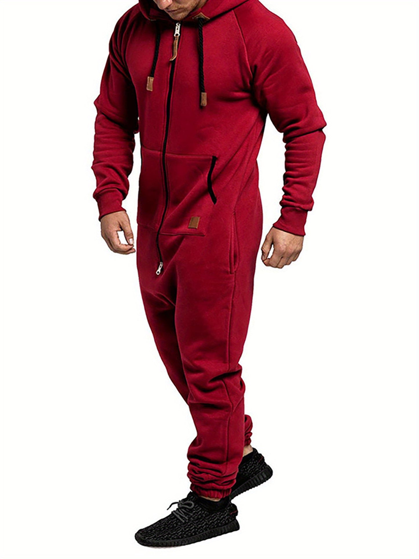 Men's Hooded Fleece Lining Jumpsuit, Long Sleeve Full Zipper Overalls with Kangaroo Pockets